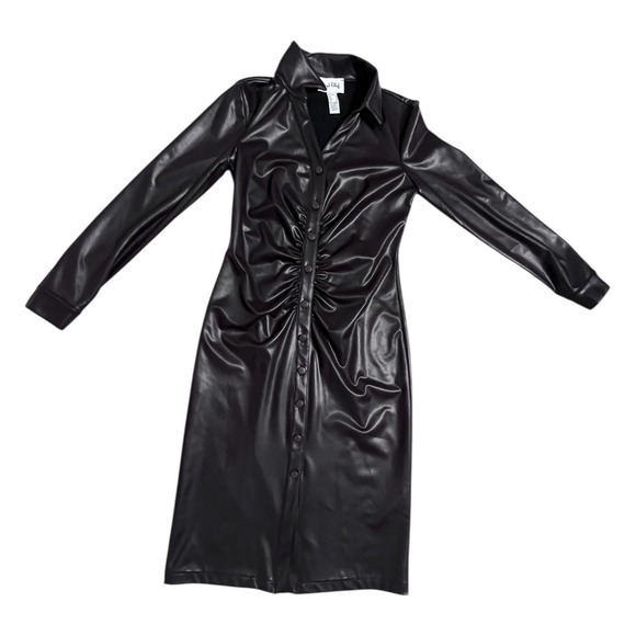 Joseph Ribkoff Mocha Faux Elegant Leather Shirt Dress ButtonUp Ruched Front Sz 6 - Picture 12 of 16